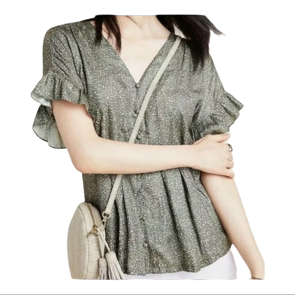 Dolan Size Small Green Floral Ruffle Sleeve Button Up Blouse